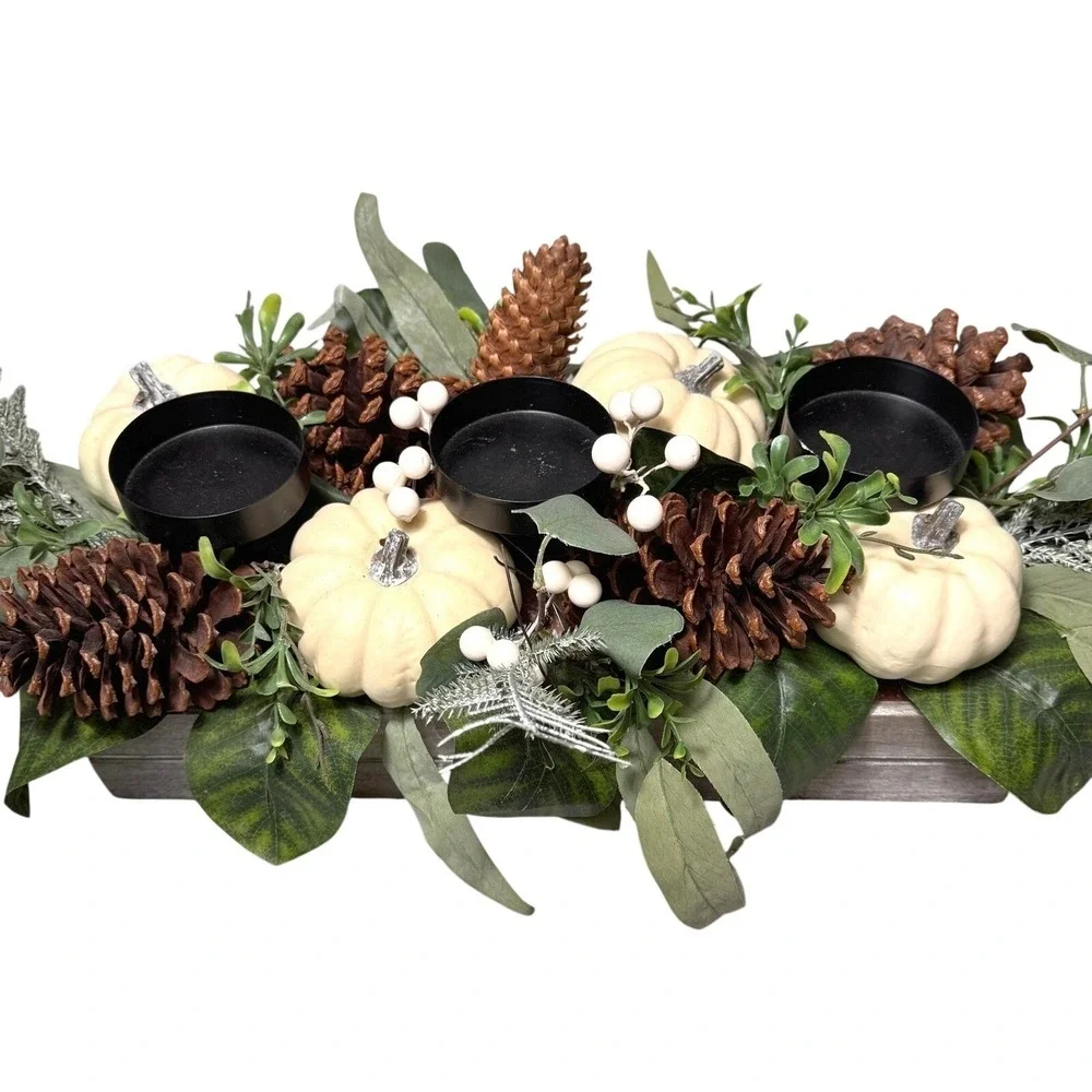 Rustic Farmhouse Woodlook Candle Centerpiece White Pumpkins Pine Cone Fall Decor